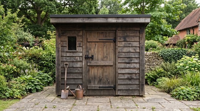 Rustic dark wooden garden shed on a stone patio surrounded by lush plants, featuring a spade and watering can for outdoor storage.