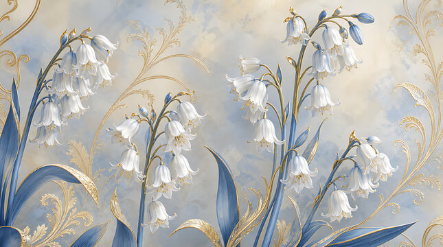 Elegant white bellflowers with blue leaves and ornate gold botanical flourishes