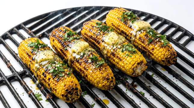 Grilled sweet corn cobs with herbs on a barbecue grate