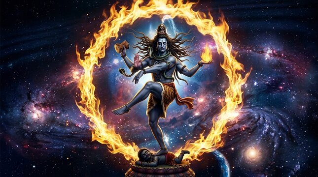 The powerful deity Lord Shiva performs the cosmic Tandava dance of creation and destruction amidst
galaxies.