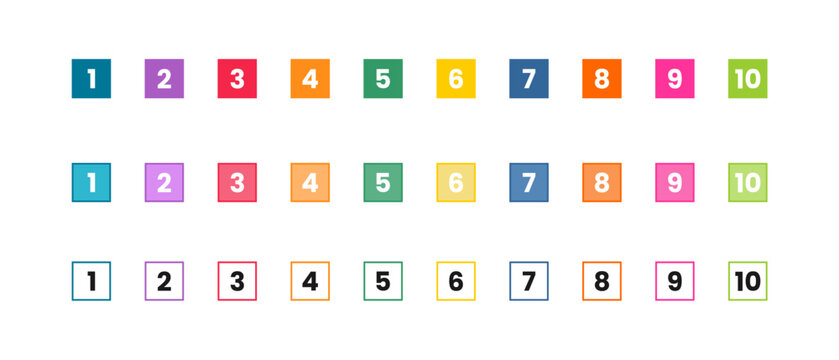 Editable Square Number Bullet Points Icon Set 1 to 10 Download. Minimalist Colorful Square Number Icon Set 1-10 Vector Design. Flat Square Numbered Bullet Icons for Presentation and UI.