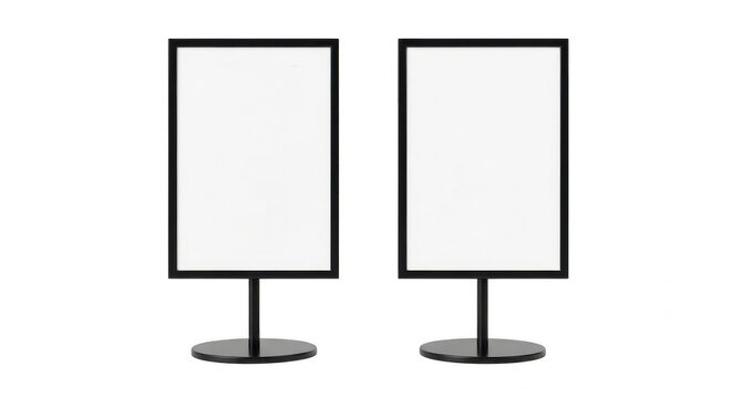 Two blank vertical sign boards with metal stands isolated on transparent background