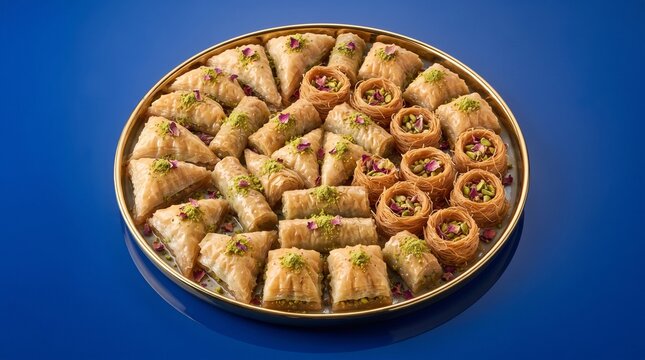 Assorted Middle Eastern baklava and kataifi pastries with pistachios on a golden tray for luxury festive dessert marketing.