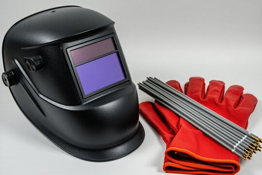 Black welding helmet red leather gloves and metal rods lie on white surface. Protective gear for welder ready for use. Safety equipment for metalwork repair.