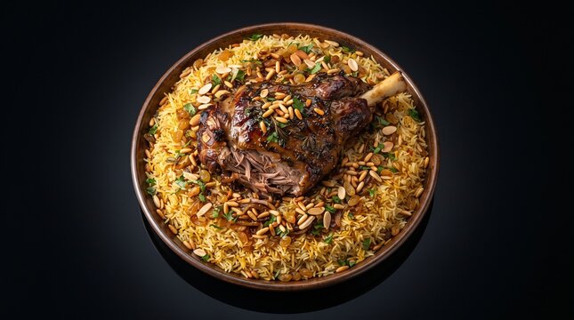 Traditional Arabic lamb kabsa featuring slow-roasted shank on spiced basmati rice with nuts, ideal for Middle Eastern food menus.