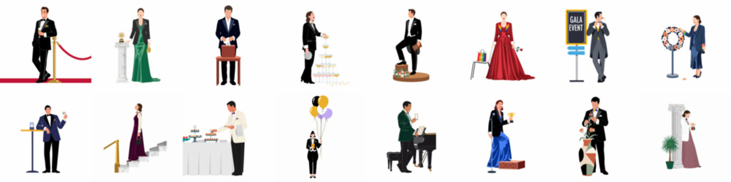 Collection of diverse characters in elegant formal wear participating in a high-end gala, fundraiser, and awards ceremony celebration on a white background.