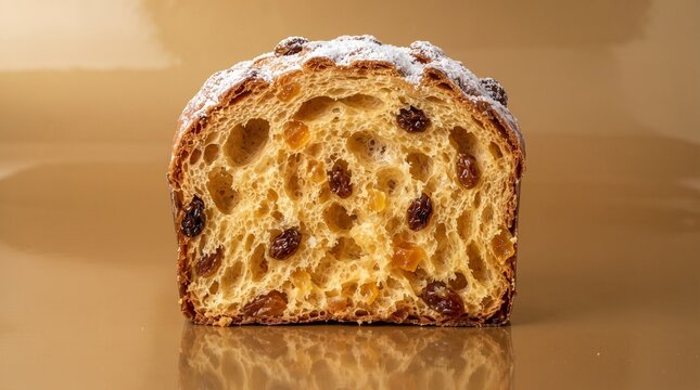 Close-up cross section of a traditional Italian Panettone Christmas cake with raisins and candied fruit on a golden background.