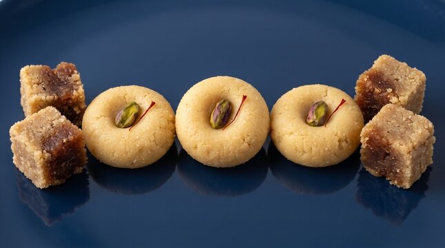 Traditional Indian sweets including saffron peda with pistachio and milk fudge cakes served on a dark blue plate for celebrations.