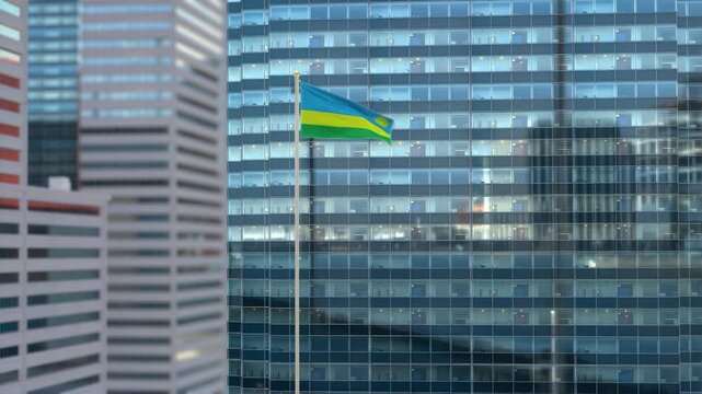 Rwanda Flag 3D Render Animation Waving Against Glass Office Building - Daylight Scene