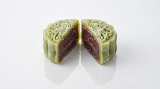 Delicious green snow skin mooncake with red bean paste filling cut in half on white background for Mid-Autumn Festival celebration.