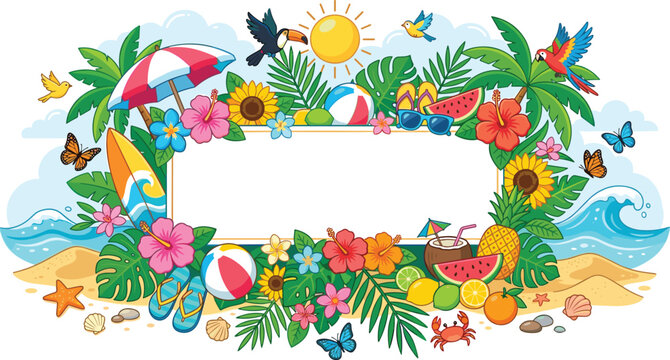 Tropical beach summer vacation vector illustration with blank frame banner copy space palm leaves exotic birds and sea wave