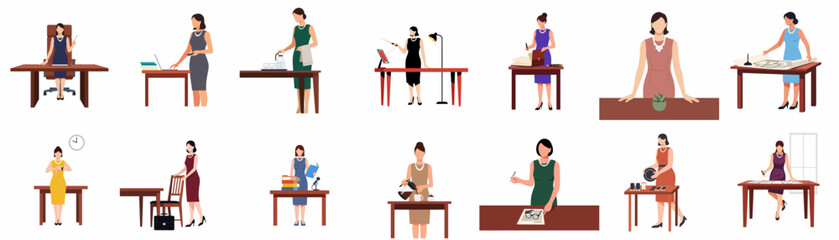 Fototapeta premium Collection of Flat Vector Illustrations Showing a Professional Business Woman Engaged in Various Office Tasks and Corporate Roles.