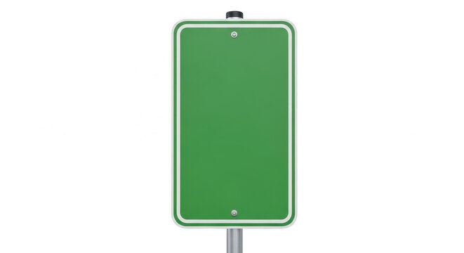 Blank green rectangular road sign on a metal pole isolated on transparent background