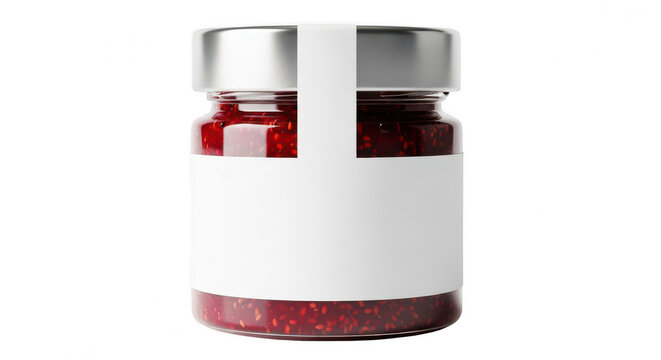 Small glass jar with red fruit jam and blank label isolated on transparent background