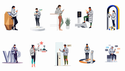 Flat vector illustration collection of people in silver puffer jackets using technology for loyalty programs, digital kiosks, and VIP membership rewards services. © Samantha