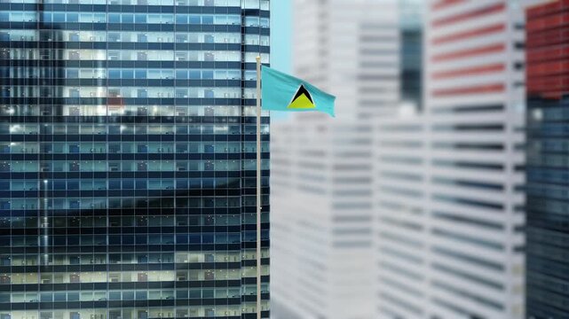 Saint Lucia Flag 3D Render Animation on Pole with Modern City Buildings - Shallow Depth of Field, Daytime View
