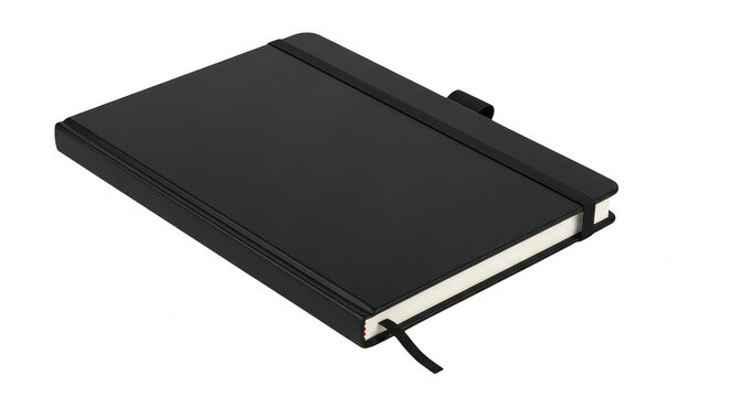 Closed black notebook with elastic band on a desk isolated on transparent background