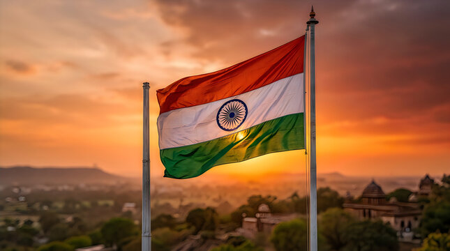 Indian flag waving against a beautiful sunset sky