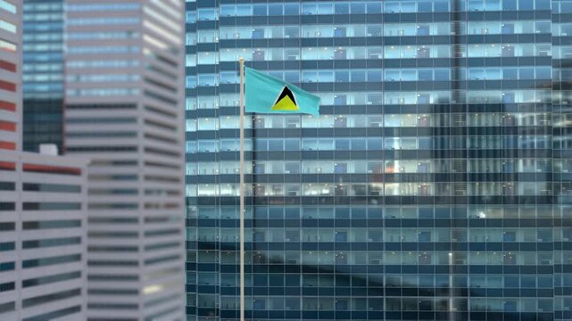 Saint Lucia Flag 3D Render Animation Waving Against Glass Office Building - Daylight Scene