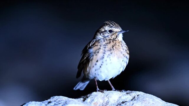 Water pipit perched on a rock against a dark background.