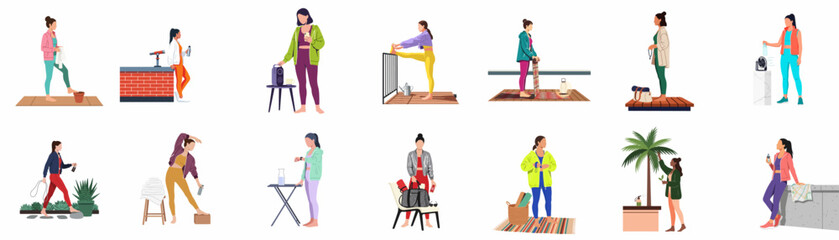 Fototapeta premium Set of diverse women in sportswear performing different fitness, yoga, and self-care routines, flat design vector characters on white background.