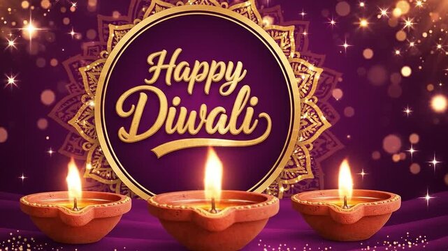 Happy diwali celebration background with traditional clay diya lamps glowing against a purple backdrop with golden mandala and bokeh lights