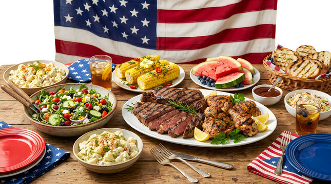 American 4th of july bbq feast with food and us flag background