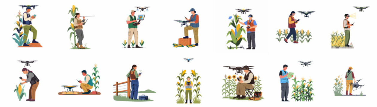 Collection of flat vector illustrations showing farmers and agricultural technicians using drones for smart farming, crop monitoring, and modern technology in corn fields.