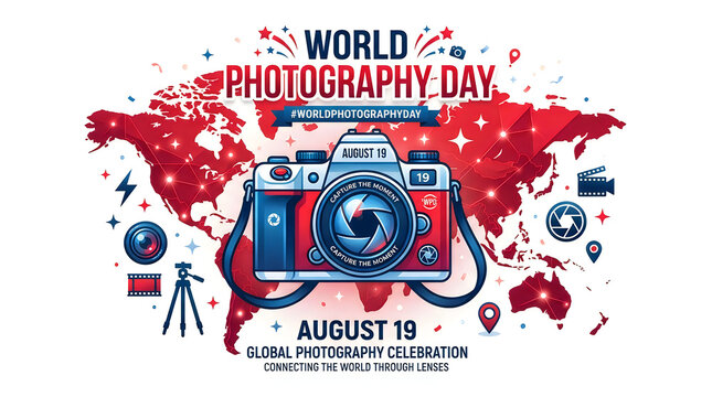 World photography day design with camera and world map