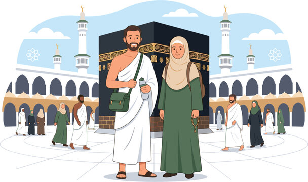 Muslim couple standing in Masjid al Haram courtyard performing Hajj or Umrah Islamic pilgrimage ritual vector illustration banner background