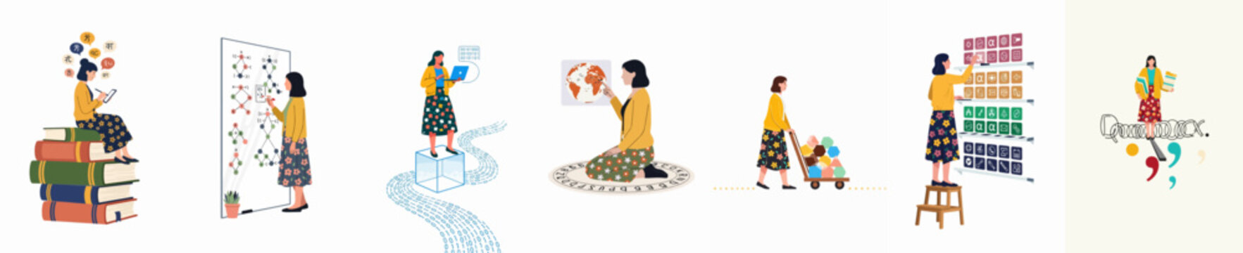 A set of illustrations showing a woman exploring diverse fields of knowledge including science, coding, linguistics, geography, and data organization.