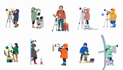 Fototapeta premium Set of flat vector illustrations depicting children and adults engaged in stargazing, astronomy, and space exploration with telescopes and high-tech equipment.