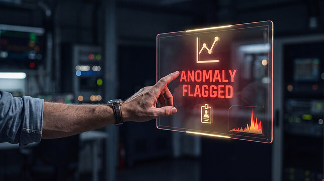 man touches glowing insider trading interface above forearm to flag unusual stock activity, escalate compliance investigation request, review trade pattern chart