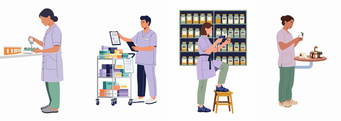 Fototapeta premium Professional Pharmacists and Medical Staff Working in a Pharmacy Environment Managing Medications and Healthcare Supplies Vector Illustration
