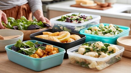 Obraz premium A person preparing fresh salads and roasted vegetables in colorful containers on a wooden kitchen counter