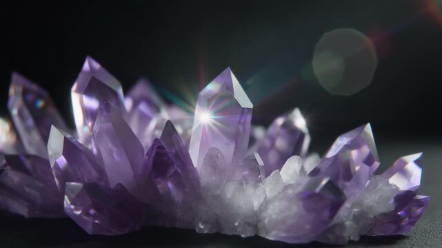 Sharp geometric crystals grow across a dark surface, faceted edges catching light with sparkling refractions under dramatic side lighting in mesmerizing cinematic macro detail.