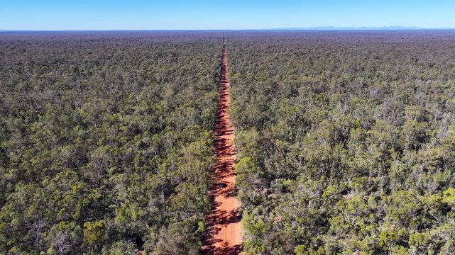 Aerial video following a long straight dirt road stretching through dense native bushland towards the distant horizon. The overhead perspective highlights the scale