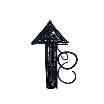 Hand-drawn arrow points upwards with decorative swirls