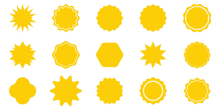 Set of red price sticker, sale or discount sticker, sunburst badges icon. Stars shape with different number of rays. Special offer price tag. Red starburst promotional badge set, shopping labels.