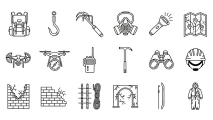 Obraz premium Rescue Equipment Icon Set: Search, Survival, and Safety Tools
