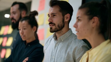 Fototapeta premium A group of professionals standing together in a modern office space with colorful sticky notes on the wall behind them