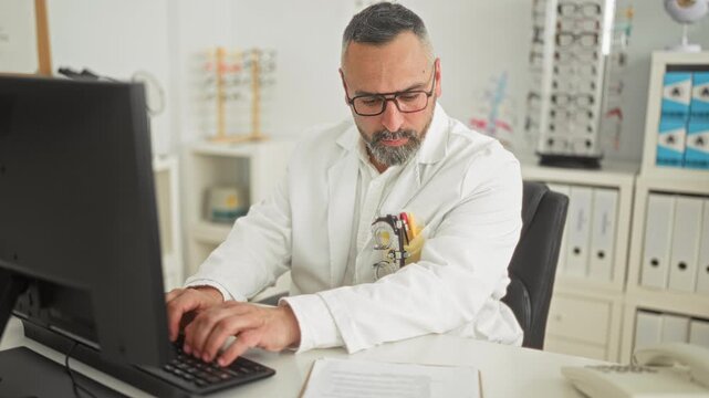 Man optician wearing labcoat and glasses types on computer, hands on keyboard, trial frame visible in pocket in building; concentration professionalism.