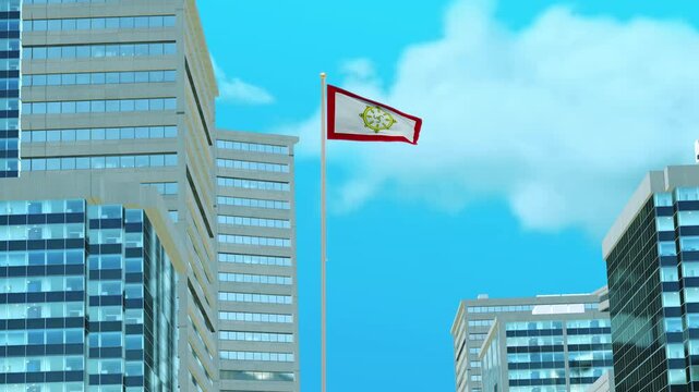 Sikkim Flag 3D Render Animation with Urban Architecture and Clear Blue Sky