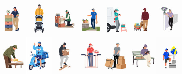 Fototapeta premium A diverse set of delivery couriers and logistics workers providing various door-to-door shipping services, depicted in a flat vector illustration style.