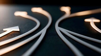 Obraz premium Abstract white arrows branching on dark textured surface symbolizing decision paths or directional flow in a minimalist design