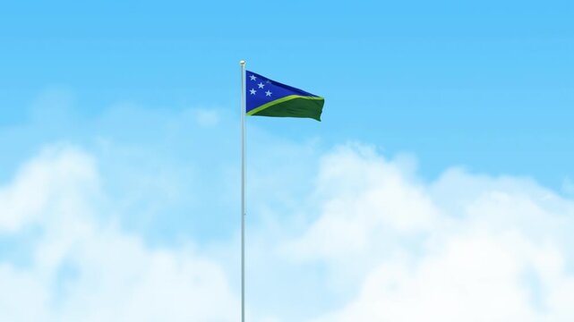Solomon Islands Flag 3D Render Animation Waving on Pole with Blue Sky