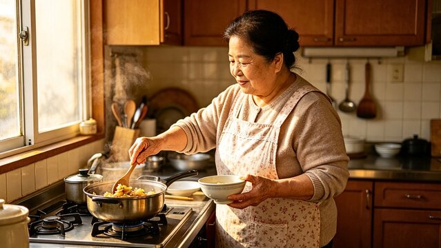 Senior Woman Preparing Homemade Family Meal Inside Cozy Traditional Kitchen During Daytime