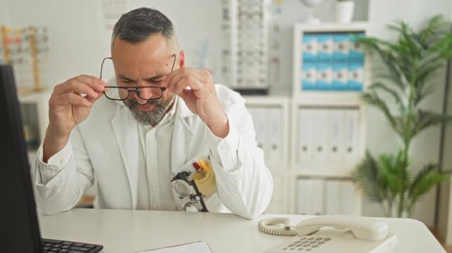 Man pinching nose bridge while holding glasses at desk with computer and trial frame in optician building; eye strain fatigue.