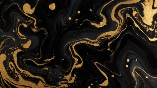 Black and gold ink blooms through clear liquid, forming luxurious marbled veinlike patterns with glossy contrast under dramatic side lighting and cinematic macro fluid motion.