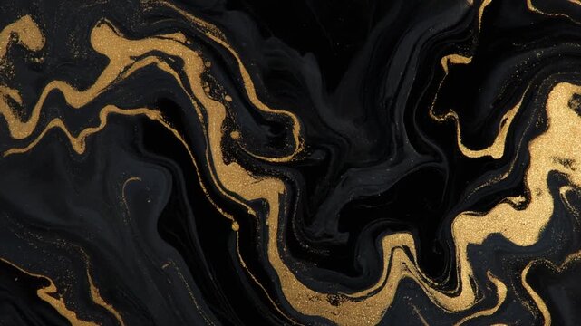Black and gold ink blooms through clear liquid, forming luxurious marbled veinlike patterns with glossy contrast under dramatic side lighting and cinematic macro fluid motion.